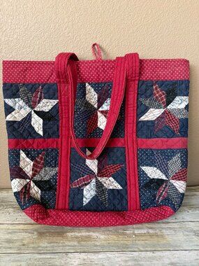 Vintage J Peterman Cotton Quilted Pinwheel Patchwork Tote Bag Americana